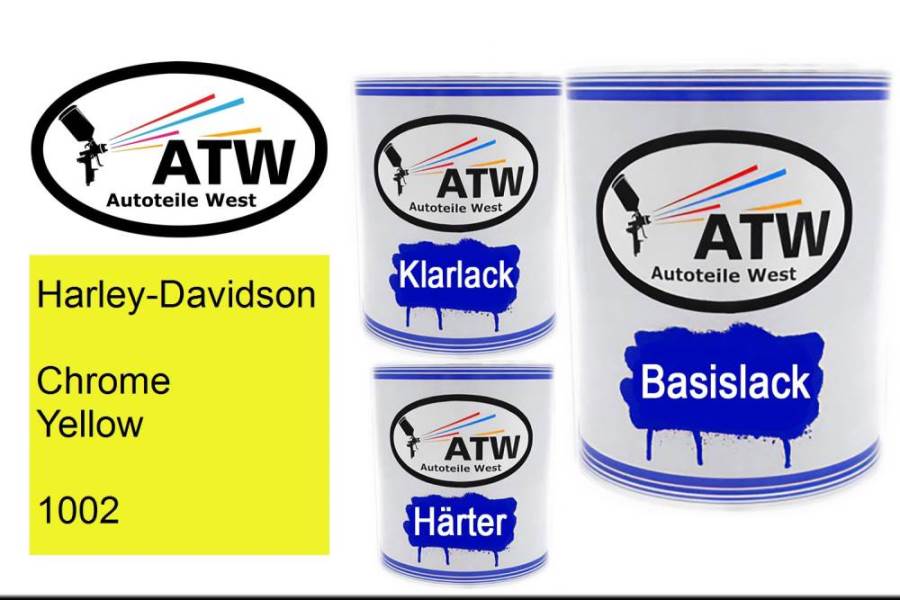Harley-Davidson, Chrome Yellow, 1002: 1L Lackdose + 1L Klarlack + 500ml Härter - Set, von ATW Autoteile West.